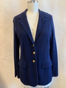LAUREN, Navy Blue, Cotton, Solid, Single Breasted, Notched Lapel, 3 Gold Buttons, 2 Flap Pocket, Knit, Unlined