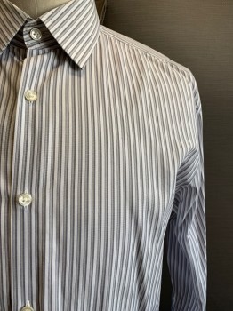 Boss, Gray, Lt Gray, White, Cotton, Polyester, Stripes - Vertical , L/S, Button Front, C.A.,
