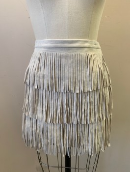 BCBG MAX AZRIA, Ecru, Polyester, Spandex, Solid, Faux Suede, 3 Rows of Self Fringe, 1" Wide Self Waistband, Zipper in Back
