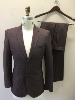 TOPMAN, Aubergine Purple, Polyester, Viscose, Heathered, Single Breasted, Collar Attached, Notched Lapel, 2 Buttons,  3 Pockets,