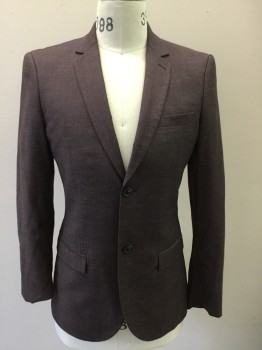 TOPMAN, Aubergine Purple, Polyester, Viscose, Heathered, Single Breasted, Collar Attached, Notched Lapel, 2 Buttons,  3 Pockets,