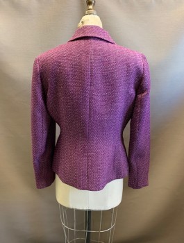 KASPER, Purple, Black, Polyester, 2 Color Weave, Tweed, Notched Lapel., Single Breasted, Button Front, 3 Buttons,  2 Pockets