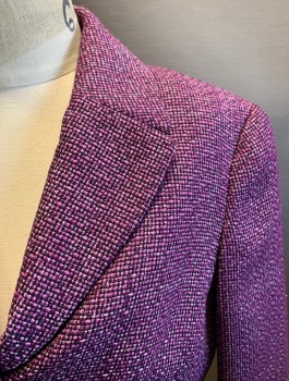 KASPER, Purple, Black, Polyester, 2 Color Weave, Tweed, Notched Lapel., Single Breasted, Button Front, 3 Buttons,  2 Pockets