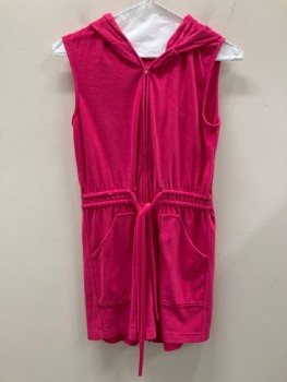 Womens, Romper, N/L, Hot Pink, Polyester, Solid, M, Zip Front, With Hood, Sleeveless, Elastic Waist Band With Double D String, Slant Pockets, Shorts