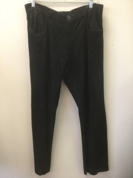 Mens, Leather Pants, JEAN GABRIEL UOMO, Black, Suede, Solid, Ins:33, W:34, Flat Front, Zip Fly, 4 Pockets, Belt Loops, Straight Leg