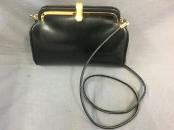 Womens, Purse, JOHN F. , Black, Gold, Leather, Metallic/Metal, Solid, Black Leather with Gold Metal Clasp, 1/4" Wide Self Cord Strap, 8" Wide By 6" Long, 1980's