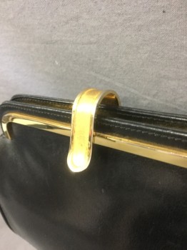 Womens, Purse, JOHN F. , Black, Gold, Leather, Metallic/Metal, Solid, Black Leather with Gold Metal Clasp, 1/4" Wide Self Cord Strap, 8" Wide By 6" Long, 1980's