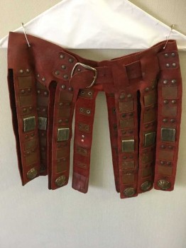 Unisex, Historical Fiction Belt, MTO , Red, Brown, Brass Metallic, Silver, Leather, Metallic/Metal, 28, Made To Order, Leather 'Skirt' For Roman Gladiator, Metal On Skirt Tabs