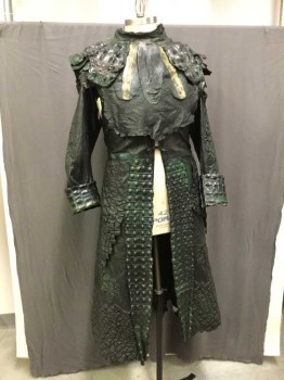 Mens, Sci-Fi/Fantasy Piece 1, M.T.O., Black, Dk Green, Bronze Metallic, Leather, Faux Leather, 42, Reptile Textured Sci Fiction Coat., Leather Ties At Center Front, with Textured Pleather Yoke Snapped Across Center Front, Long Sleeves, Lacing At Waist Center Back, with Reptile Flap Center Back, Sleeves Held To Body with Black Lacing At Armholes