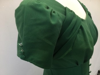 STOP STARING, Green, Polyester, Rayon, Solid, (double) Green, Round V-neck, with Self Diagonal Gathered/folded Strips to Under Arm Holes, Puffy Short Sleeves, with 3 Cover Buttons, Chevron Bodice with 8 Matching Cover Buttons Front Center, Below Knee Mermaid Flair Bottom, Zip Back,