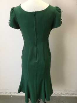 STOP STARING, Green, Polyester, Rayon, Solid, (double) Green, Round V-neck, with Self Diagonal Gathered/folded Strips to Under Arm Holes, Puffy Short Sleeves, with 3 Cover Buttons, Chevron Bodice with 8 Matching Cover Buttons Front Center, Below Knee Mermaid Flair Bottom, Zip Back,