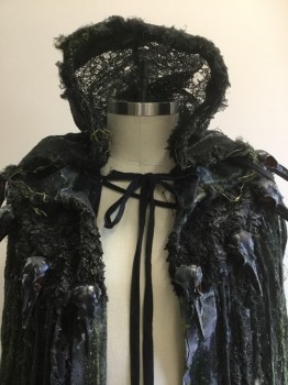 Unisex, Sci-Fi/Fantasy Robe, Black, Gray, Green, Red, Lime Green, Rubber, Plastic, Robe with Hood, Rubber Mesh with Green, Silver Spayed Paint, Long Green Yarn Hanging Down, Black Bird Heads with Red Eyes Carved Out Hanging Along Chest & Back, 1 Big Black Skull Hanging in the Back, Open Front, with Black Fabric Tie at Neck