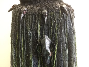 Black, Gray, Green, Red, Lime Green, Rubber, Plastic, Robe with Hood, Rubber Mesh with Green, Silver Spayed Paint, Long Green Yarn Hanging Down, Black Bird Heads with Red Eyes Carved Out Hanging Along Chest & Back, 1 Big Black Skull Hanging in the Back, Open Front, with Black Fabric Tie at Neck