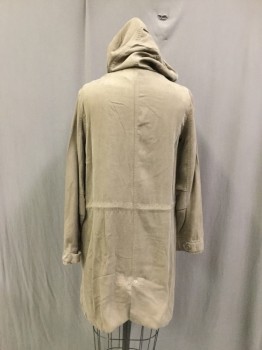 SILENCE & NOISE, Tobacco Brown, Silk, Rayon, Solid, Off Side Zipper Close, Hooded with Drawstring, Drawstring at Waist, 2 Flap Pocket, Button Tab Cuffs, Snap Up Slit Center Back Hem,