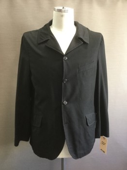 Mens, Jacket 1890s-1910s, MTO, Black, Wool, Solid, 42, 4 Buttons, 3 Pockets, Notched Lapel, Unlined,
