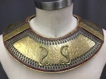 Unisex, Historical Fiction Collar, M.T.O., Gold, Red, Black, Copper Metallic, Fiberglass, Leather, Egyptian Ornate Collar Brass Hammer with Cobra Filigree Studs, Black, Red W/Copper Wire, and Gold Trim, Velcro Back Closure, See Photo Attached,