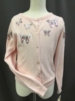 Childrens, Cardigan Sweater, H&M, Lt Pink, Silver, Cotton, Sequins, Solid, Novelty Pattern, 6/8, Button Front, Round Neck,  Long Sleeves, Sequin Butterflies
