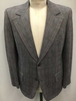 Mens, 1970s Vintage, Suit, Jacket, MICHAELS/STERN, Gray, Black, Red, Mustard Yellow, Polyester, Plaid, Check , 38, Single Breasted, Wide Notched Lapel, 2 Buttons,  3 Pockets,