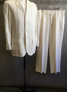 POLO RALPH LAUREN, Cream, Linen, Solid, Single Breasted, Notched Lapel, 4 Buttons, Vertical Panel on Either Side of Chest, 2 Pockets, Retro 1930's Inspired Style
