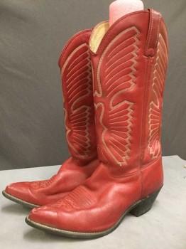Womens, Cowboy Boots, TEXAS, Red, White, Leather, Geometric, Abstract , 9, Pull On, Scuffed Toes, Narrow