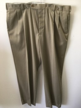 BROOKS BROTHERS, Tan Brown, Wool, Solid, Double Pleats, Button Tab, Gabardine,