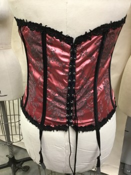 INTIMATE ATTITUDES, Pink, Black, Polyester, Floral, Floral Jacquard, Hook N Eye Closing Front, Lace Up Back, Garters Attached, Black Floral Lace Trim