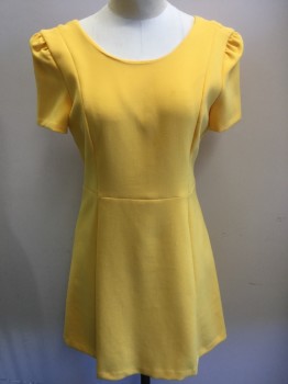 TRAFALUC, Yellow, Polyester, Viscose, Solid, Warm Yellow, Round Neck,  Short Sleeves, 7 Panel Flair Bottom, V Back, Zip Back,