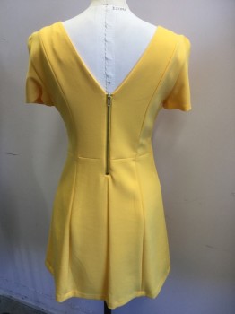 TRAFALUC, Yellow, Polyester, Viscose, Solid, Warm Yellow, Round Neck,  Short Sleeves, 7 Panel Flair Bottom, V Back, Zip Back,