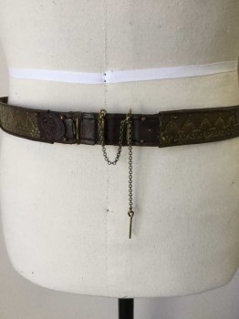 N/L, Dk Brown, Brass Metallic, Leather, Metallic/Metal, Dark Brown Belt W/brass Stamped, Needle Pins W/chain Closure, (missing 2 Eagle Carved Out)  (* 1  Side of the Oval Piece Became Unglued) See Photo Attached,