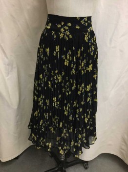 FREE PEOPLE, Black, Periwinkle Blue, Yellow, Polyester, Cotton, Floral, Black, Yellow/ Periwinkle Print, Accordion Pleated