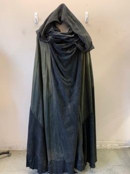 Unisex, Sci-Fi/Fantasy Cape/Cloak, N/L MTO, Dk Olive Grn, Dk Gray, Synthetic, Solid, O/S, Dark Olive and Dark Gray Patchwork Panels, Aged Look, Floor Length, Raw Hem, 2 Hoods Nested Over Each Other, Made To Order