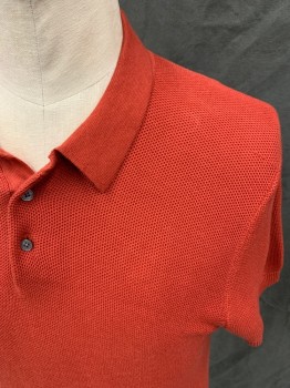 MICHAEL KORS, Rust Orange, Cotton, Solid, Textured Knit, Ribbed Knit Collar Attached, 3 Button Placket, Short Sleeves, Ribbed Knit Cuff/Waistband