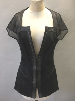 N/L MTO, Black, Charcoal Gray, Pewter Gray, Synthetic, Leather, Solid, Black Poly with Sheer Black Cap Sleeves, Dusty Aged Leather at Neck & Center Front with Pewter Metal Studs, Square Neck with Deep V Notch at Center Front, Bronze Zipper at Center Front to Waist, 2 Welt Pockets, Made To Order