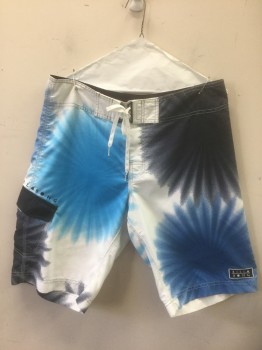 BILLABONG, Blue, White, Navy Blue, Polyester, Abstract , Large Starburst/Circles Pattern, White Shoelace Style Lacing/Ties at Center Front, Velcro Closure at Fly, 1 Cargo Pocket at Hip, 10.5" Inseam