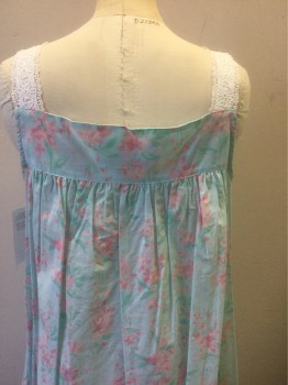 Womens, Nightgown, EILEEN WEST, Aqua Blue, Lt Pink, White, Cotton, Floral, S, Aqua with Pink Flowers, White Lace 1" Straps and Trim at Front, 10 Small Mother of Pearl Decorative Buttons at Front, Knee Length, Pin Tucks Near Hem