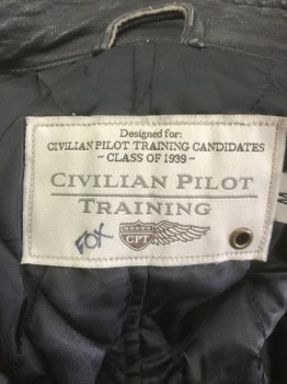 CIVILIAN PILOT TRAIN, Black, Leather, Solid, Zip Front, 2 Zipper Pockets Band Collar with Snap Flap, Zippers at Sleeve Cuffs, 2 Side Straps, Quilted Lining