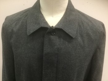 Mens, Coat, Trenchcoat, JOS A. BANK, Gray, Polyester, Nylon, Heathered, 42R, Single Breasted, 4 Button Front with Covered Placket, Collar Attached, 2 Welt Pockets at Hips