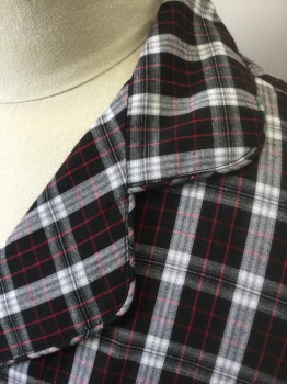 HANES, Black, White, Red, Cotton, Polyester, Plaid-  Windowpane, Black with White and Red Windowpane Stripes, Long Sleeve Button Front, Rounded Notch Lapel, 1 Patch Pocket at Chest, Self Piping Trim