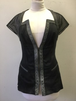 MTO, Black, Silver, Cotton, Leather, Solid, Black Stretch Cotton, 1/2 Zip Front with V at Top, Square Neck, Mesh Cap Sleeves, Silver Leather Studded Trim, 2 Pockets, Silver Leather Back Attached Waist Tab, 2 Pockets, Aged