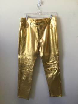 Mens, Leather Pants, N/L, Gold, Faux Leather, Solid, 30, 35, Gold Pleather, Jean Cut, Zip Fly, Stitching Detail at Knees. Gold Lycra Lame Insert at Center Back,