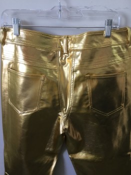 Mens, Leather Pants, N/L, Gold, Faux Leather, Solid, 30, 35, Gold Pleather, Jean Cut, Zip Fly, Stitching Detail at Knees. Gold Lycra Lame Insert at Center Back,