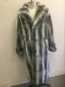 Mens, Coat, Overcoat, Gray, Lt Gray, Charcoal Gray, Fur, XL, Variated Shades of Gray Faux Fox Fur, Rounded Notched Lapel, Single Breasted, 3 Buttons,  2 Pockets, Black Lining, Has a Double (FC047287)
