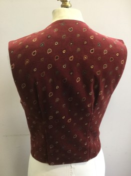 Womens, Vest, N/L, Dk Red, Yellow, Navy Blue, Green, Paisley/Swirls, B 32, Dark Red Velvet with Paisley Pattern, Squared Off Armhole, Rounded Front, 3 Loop Buttons (Missing 1 Button))