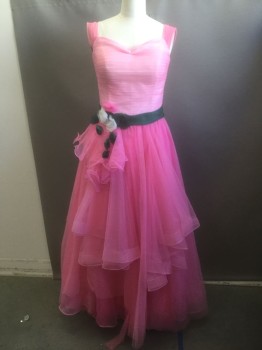 Womens, Bridal Dress, N/L, Bubble Gum Pink, Forest Green, White, Polyester, Solid, Floral, W:28, B:36, Bubblegum Net Over Cream Base-layer, 1" Net Straps, Pleated Bodice, Sweetheart Neckline, Forest Green Waistband/Belt Attached, 3D Rosettes at Hip, Floor Length, Lacing/Ties at Center Back Torso, Multiples