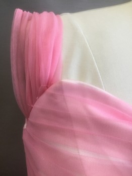 N/L, Bubble Gum Pink, Forest Green, White, Polyester, Solid, Floral, Bubblegum Net Over Cream Base-layer, 1" Net Straps, Pleated Bodice, Sweetheart Neckline, Forest Green Waistband/Belt Attached, 3D Rosettes at Hip, Floor Length, Lacing/Ties at Center Back Torso, Multiples