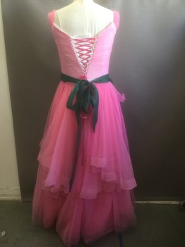 N/L, Bubble Gum Pink, Forest Green, White, Polyester, Solid, Floral, Bubblegum Net Over Cream Base-layer, 1" Net Straps, Pleated Bodice, Sweetheart Neckline, Forest Green Waistband/Belt Attached, 3D Rosettes at Hip, Floor Length, Lacing/Ties at Center Back Torso, Multiples