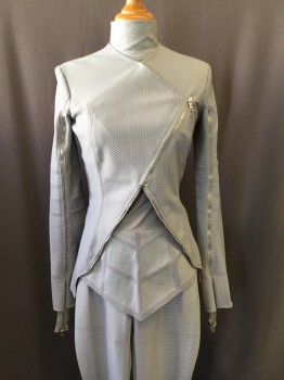 Womens, Sci-Fi/Fantasy Piece 1, BILL HARGATE, Gray, Silver, Spandex, Rubber, Geometric, 26W, 34B, 37H, Long Sleeves, Asymmetrical Zip Front, High Crew Neck, Cutaway, Zips From Armpits to Wrists, 4 Way Stretch