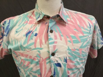 DESIGN UNLIKELY FEAT, Off White, Pink, Mint Green, Royal Blue, Cotton, Leaves/Vines , Off White with Pink/mint/royal Blue Palm Leaves, Collar Attached, Button Front, 2 Pockets, Short Sleeves,