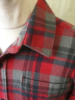 VOLCOM, Red, Gray, Cotton, Acrylic, Plaid, Button Front, Collar Attached, Long Sleeves, Patch Chest Pocket, Slanted Yoke on Back