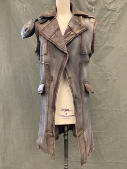 Womens, Sci-Fi/Fantasy Jacket, BEROCK, Gray, Brown, Cotton, Polyester, Solid, S, Sleeveless, Collar Attached, Notched Lapel, Button Holes with No Buttons, Aged/Distressed,  Brown Leather Flap Pockets, Lather Trim, 1 Exterior Sholder Pad, Hem Below Knee